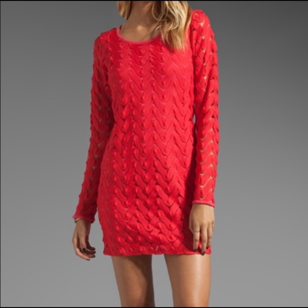 Free people red crotchet keyhole back long sleeve bodycon dress